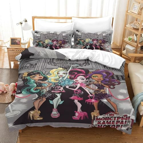 Monster High Impresión 3D DigitalPersonajes Animados Funda De Edredón para Dormitorio Funda Nórdica Y Funda De Almohada con Cremallera Juego De Ropa De Cama Microfibra 3 Piezas Single（140x200cm）