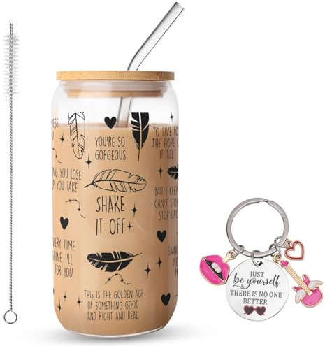 FIDWALL Set di Bicchieri Ispiratori, Bicchiere di Vetro da 16 oz con Coperchio e Cannuccia, Include un Portachiavi Motivazionale, Perfetto per Regali di Compleanno e Occasioni Speciali