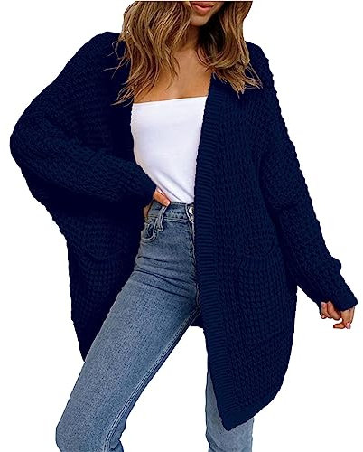Cardigan in maglia aperto sul davanti per le donne nuovo cardigan lavorato a maglia sciolto grande maglione lungo cappotto cappotto spolverino per le donne, Blu, 3XL