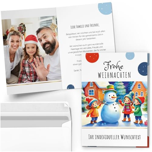 10 Personalisierte Weihnachtskarten mit Ihrem Text und Foto - Schneeman Kinder - individueller Weihnachtsgruß Grußkarte Weihnachten Klappkarten mit Umschlägen