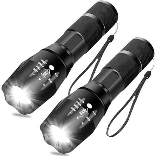 MODOAO Lot de 2 lampes de poche LED haute luminosité, puissante avec 5 modes, lampe torche de poche LED super lumineuse étanche zoomable pour camping, vélo, randonnée, urgence à la maison