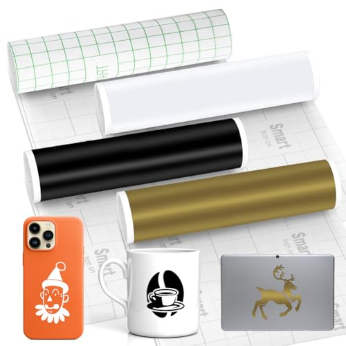 4 Rollen Smart Vinyl Permanent für Cricut Explore 3/Maker 3, 33x100cm | Smart Vinyl, Transferfolie Rollen Vinylfolie Plotter Set für DIY Tassen, Basteldekoration (Schwarz+Weiß+Gold+Transferfolie)
