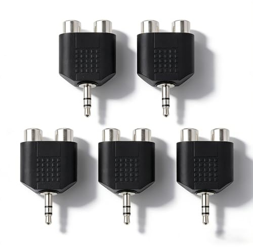 RHINORO (Pack of 5 Adapters Dual RCA Phono to 3.5mm Stereo Sound AUX-IN Headphones Mobile Phone PC to Amplifier Amp HiFi System Converter
