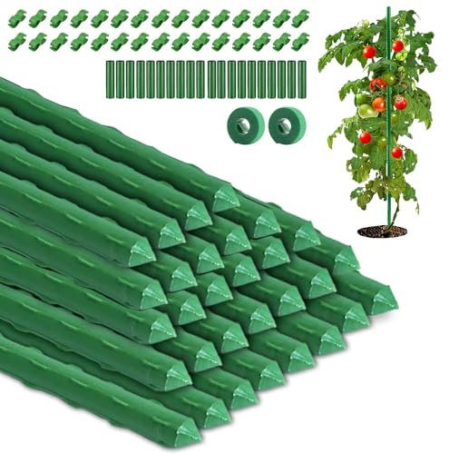 30x Pflanzstäbe Rankhilfe, Kunststoff Beschichtetes Stahlrohr Edelstahl Pflanzen Stangen 40cm, mit 20 Verbinder, 30 Multifunktionsclip und 2 Pflanzenbinder, Rankhilfe für Erbsen, Gurken,Tomaten