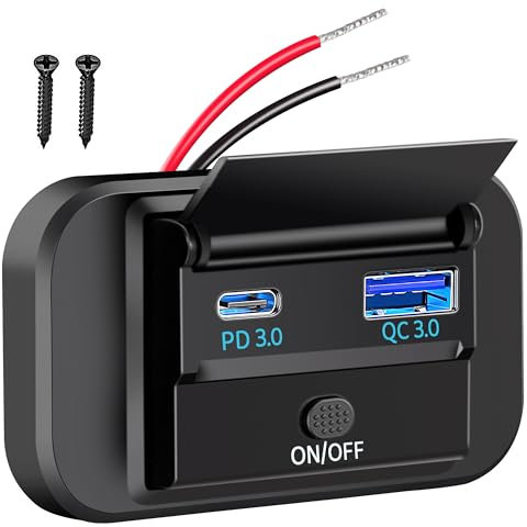 Tunejoy Dual Presa USB per Caricabatteria da Auto 12V/24V USB Pannello Presa di Ricarica 20W PD3.0 e QC3.0 18W per Camper Barche e Moto Marine 67 * 38 * 17mm