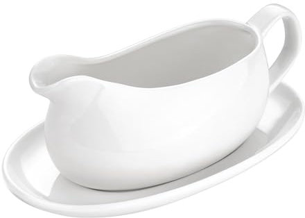 Okeeyseda Boat and Saucer 14 Oz,Ceramic Sauce Boat with Tray for Milk,Warming Sauces,Creamer,Broth,White