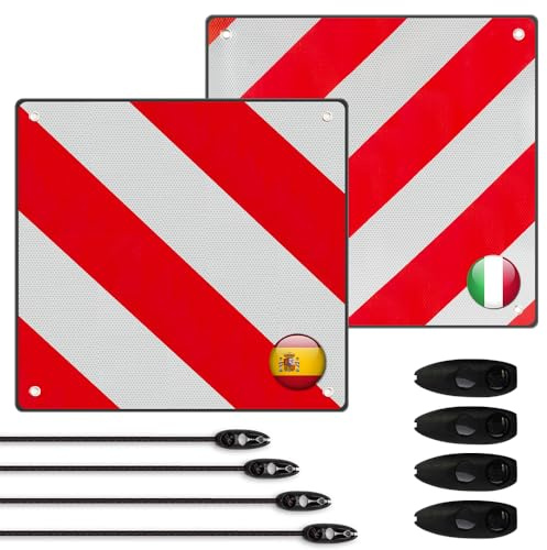 KUWUNG Approved Protruding Loads Sign, 50 x 50 cm Warning Sign Bike Carrier, 2 in 1 Aluminium Warning Sign Italy Spain with 4 Tension Ropes, for Bike Carriers, Cars, Motorhomes