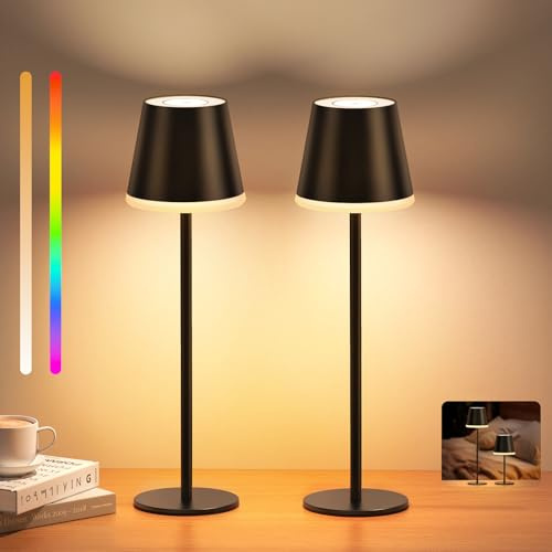 NIBSHOOM Tischlampe Kabellos Dimmbar,5200mAh Led Akku Tischleuchte Höhenverstellbare mit Warmweißes Licht & RGB Farbwechsel,IP54 Wasserdicht Tischlampe für Restaurantar,Schlafzimmer,Camping-2 Stück