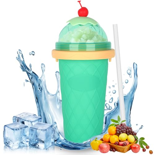 CIOXSOIO DIY Slushy Maker Becher, Slushy Maker Becher aus Silikon, Slushy Maker Cup mit Strohhalm und Löffel, 2-in-1, Quick Slushy Maker für Obstshakes, Hellgrün