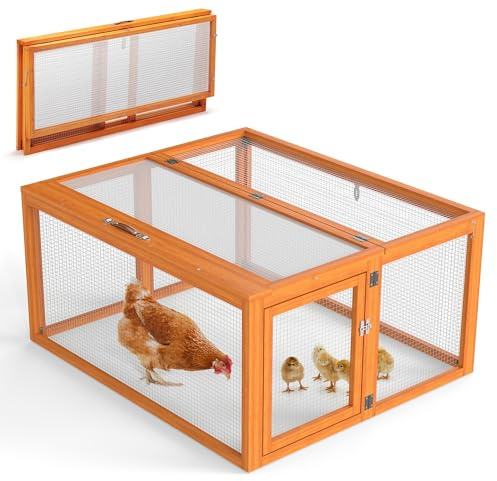 COZIWOW Chicken Coop Pen Portable Wooden Rabbit Hutch - Folding Indoor & Outdoor Chicken Cage Brooder with UV-Proof Panel, Top and Side Openable Doors, Includes 4X Garden Stakes, 43.3 Inch (Orange)
