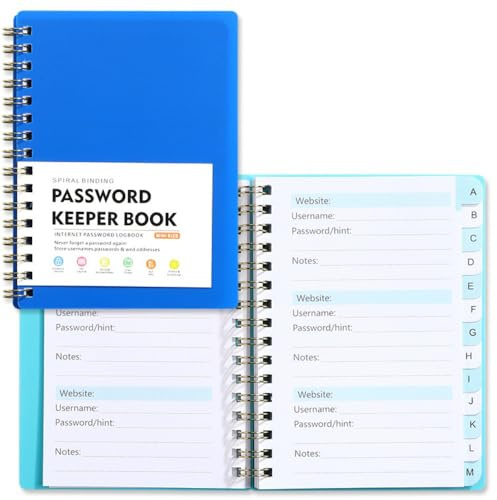 Spiral-Passwort-Organizer, A6, alphabetische Registerkarten, Internet-Logbuch mit reißfesten Seiten, für Sicherheit zu Hause/Büro (dunkelblau)