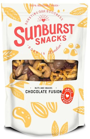 Sunburst Snacks Chocolate Fusion Nut Mix, Roasted & Salted Nuts Blended with Chocolate and Pretzels, Includes Almonds, Cashews, Peanuts & Cranberries, 500G