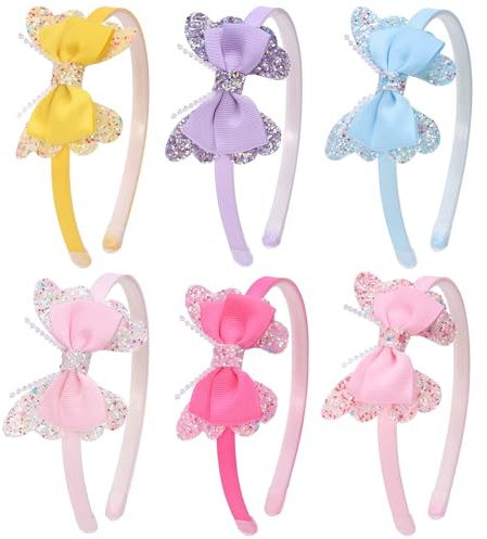 ZIRICHER Glitter Butterfly Headband for Girls Bow Sequin Hairband with Teeth,6Pcs Sparkly Butterfly Hair Bands for Little Girls Kids Children Toddlers(Pink,Blue,Purple,Yellow)