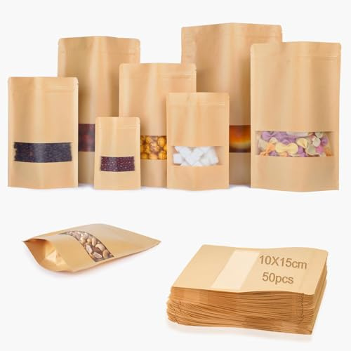 KINETOX Sachet Kraft Alimentaire 10X15cm Sachet Kraft Zip Emballage Alimentaire 50 Pièces Sachet Bonbon pour Noix Grains de Café,Biscuit Nourriture Animaux de Compagnie Feuilles de Thé Épices