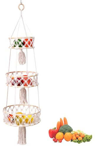 Cesto per Frutta da Appendere, Cestino Sospeso a 3 Livelli in Cor da di, 1 Pezzo Cesto di Frutta da Parete, Portafrutta da Appendere 3 Ripiani, Cestino Sospeso per Verdura, per Decorazione da Parete