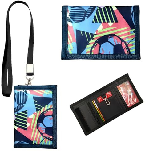 SIRLOMU Cartera Niño, Monedero Niñas, Dreifach plegada, con Mosquetón, Cordón para el Cuello y Llavero, Diseño de fútbol, Juvenil y Chico, coloreado, Regalos de cumpleaños, Regalo para niños y niñas