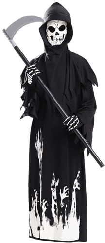 Jorzer Costume de Faucheuse, déguisement d'Halloween lumineux et effrayant, avec gants et faucille, pour adultes, femmes hommes.
