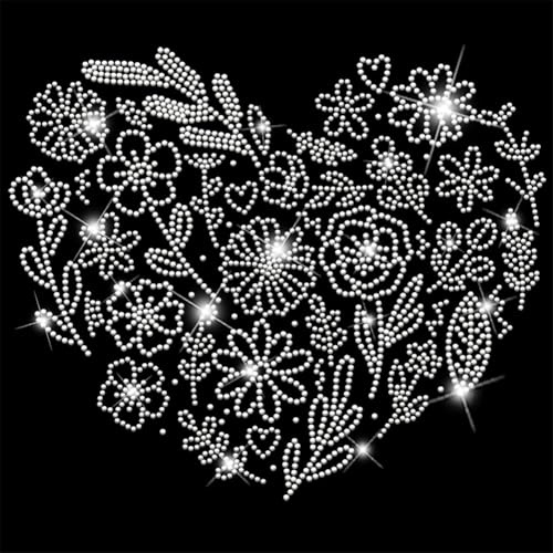 SUPERDANT Herzförmige Blumen Strass Transfer zum Aufbügeln Pflanzen Glitzer Strass Applikation Bügelbild Strass Hotfix Zum Aufbügeln Für Kleidung T-Shirt Hoodies Jacken Taschen Kissen 32x23.8cm