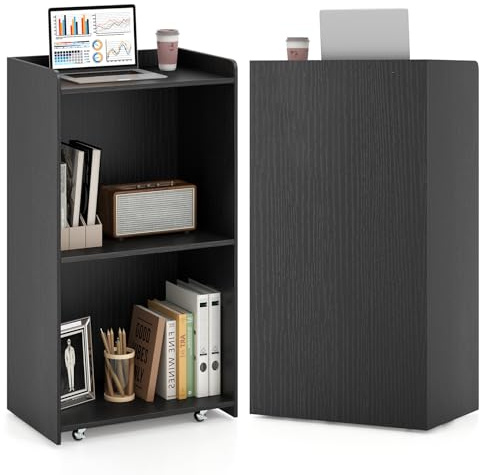 COSTWAY Podio per Conferenza, Leggio in Legno Massello con 2 Ripiani e Ruote Universali e Bloccabili, Podio in Piedi per Chiesa, Ufficio e Scuola, 57,5 x 37 x 105 cm (Nero)