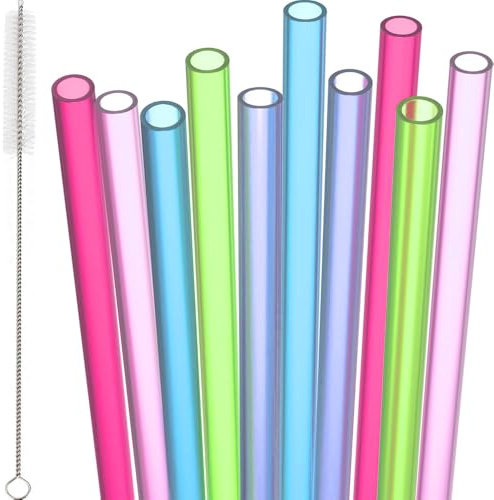 20 Pcs Plastic Straws Pack of 20 Reusable Straws with Brush 19mm x 7mm Perfect for Cocktails, Milk, Juice, Tea (Colored, Random Colors)