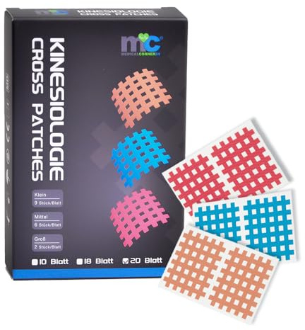 Medicalcorner24 Kinesiologie Crosstape, Gitterpflaster, Gitter Tape, Cross-Patch Gittertape 5,2 x 4,4 cm,18 Bögen, blau pink beige