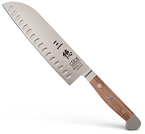 Güde Solingen - Cuchillo Santoku alveolado forjado, 18 cm, madera de nogal, ALPHA-WALNUT - doble virola, Hecho a mano en Alemania