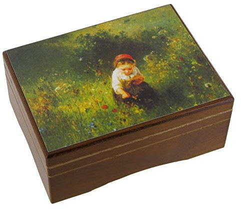 Lutèce Créations Kleine Schmuckschatulle/Schmuckdose/Schmuckbox aus Holz mit Spieluhr, Bild (Mädchen beim Blumenpflücken) und 18-Ton-Federspielwerk - Schwanensee (P. I. Tschaikowski)