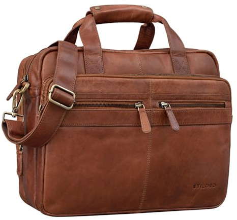 STILORD Explorer Lehrertasche Leder Herren Damen Aktentasche Büro Schulter- oder Umhängetasche für Laptop mit Dreifachtrenner Echt Leder Vintage Farbe:Sattel-braun