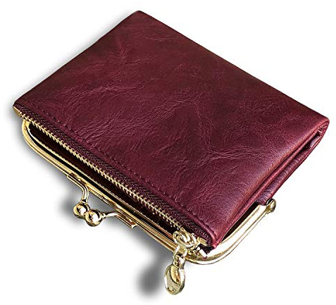 Aoxonel Geldbörse für Damen, klein, RFID, kompakt, doppelt gefaltet, Leder, Vintage-Stil, Münzgeldbörse mit Reißverschluss und Kussschloss (lila)