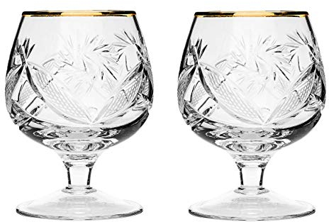 Neman Glassworks Set of 2 Hand Made Vintage Crystal Glasses, Brandy & Cognac Snifter with 24K Gold Rim, Old-Fashioned Glassware, Transparent