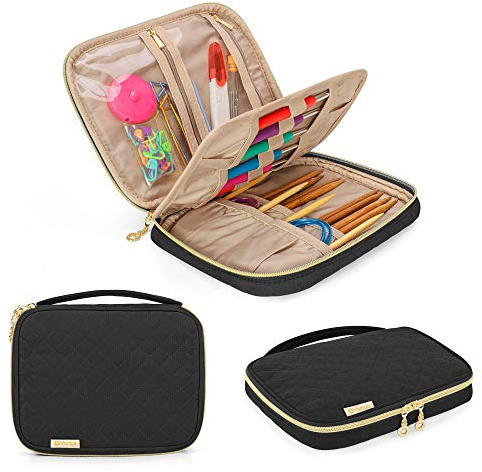 Yarwo Häkelnadeln Set Tasche, Stricken Zubehör Aufbewahrungstasche, Handarbeitstasche für Häkelsets und Stricken Werkzeuge Sets, Schwarz | 12 Elastische Schlitze, 4 Offene Taschen, 2 Transparente Reißverschlusstaschen, Schutzhülle, Gepolstert