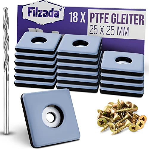 Filzada® 18x Teflongleiter zum Schrauben 25x25mm Eckig - Möbelgleiter PTFE | Stuhlgleiter inkl. Schrauben & Bohrer - Teppichgleiter PTFE raue Böden, Fliesen, Teppich - hohe Belastbarkeit - geräuscharm