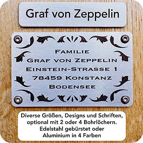 Roboterwerk Türschild, Briefkastenschild Klingelschild 75x26mm personalisiert, Edelstahl gebürstet bis 2 Zeilen, Laser graviert, selbstklebend, optional mit Muster