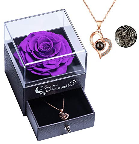 Real Preserved Rose with I Love You Necklace 100 Languages Jewelry Gift Box, Eternal Real Rose for Valentine's Day Mother's Day Wedding Anniversary Birthday Gift for Her, Purple