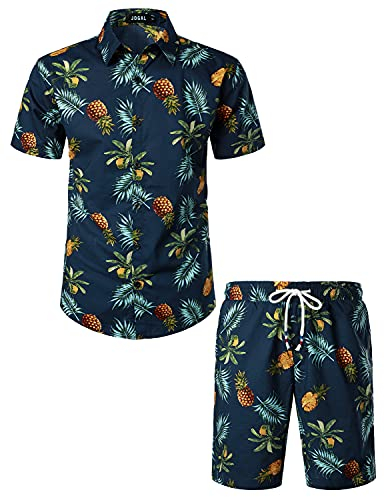 JOGAL Herren Funky Fruit Kurzarm Baumwolle Hawaii Hemd Short Set Marineblaues Ananasblatt Mittel