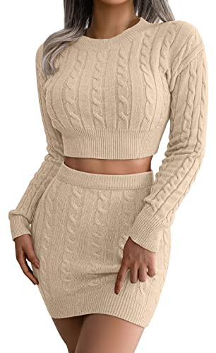Damen Strickkleid Zweiteiliger Anzug Rundhals Oberteil Und Mini Strickrock Bleistiftrock Elastische Bodycon 2 Stück Set Pulloverkleid Einfarbig Langarm Kurze Pullover Strick Kleid Slim Fit Rock