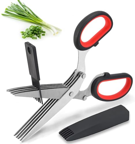 KISUOMAOYI Herb Scissors,Kitchen Scissors Multifunctional 5 Blade Kitchen,Scissors with Lid and Cleanup Comb,Stainless Steel Shears for Chopping Chives and Parsley