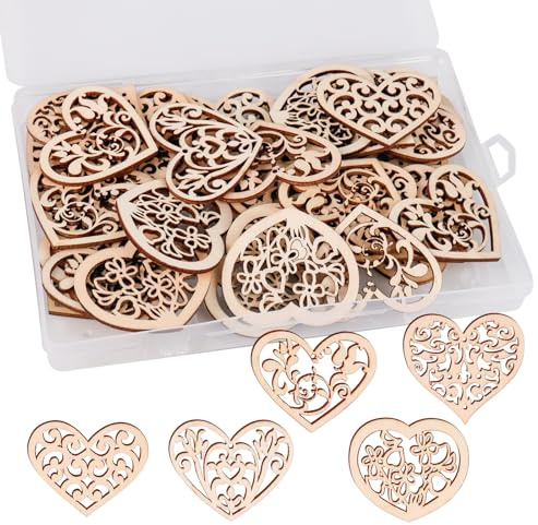 FRUHLING 50 Stück Holz Herzen Holzherzen Deko Hochzeit Holzherzen zum Basteln Herz Holz Scheiben für DIY Handwerk Verzierungen Tischdeko 53 mm