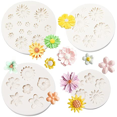 Neikafan 4Stk Fondant Silikonformen Blumen Backen Gänseblümchen Silikonform | Blumen Kuchen Mini 3D Blume Fondant Silikonform Blumen Klein Backen Schokoladenformen für Kuchen Schokolade Dekoration