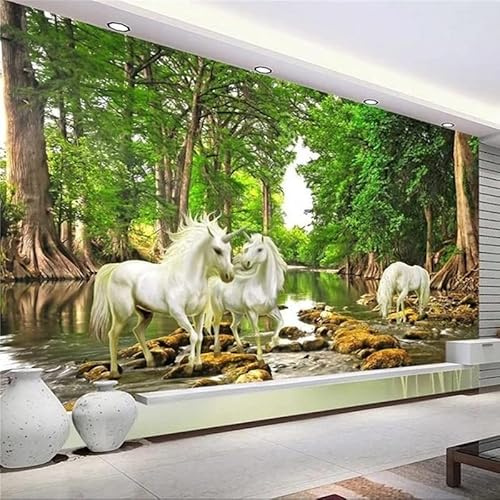 Murales de pared de tamaño personalizado, paisaje natural de caballo blanco bosque, murales de pared autoadhesivos extraíbles para despegar y pegar, papel tapiz fotográfico grande