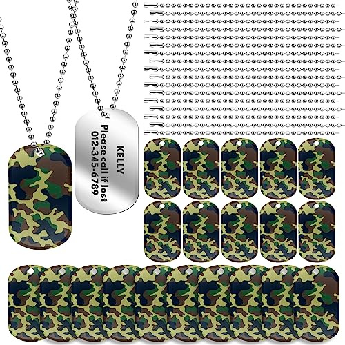 Huquary 50-pack aluminium militär hundbricka kamouflage hundtaggar tomma hundbrickor armé hundbricka militärfest presenter inkluderar 50 långa pärlkedjor och 50 hundbrickor för barn män hundar