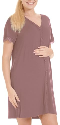 Herzmutter Amningsnattskjorta - knapp framsida - Nattlinne för postpartum - Moderskap -Nattskjortel för graviditet med amningsfunktion - Kort ärm med spets - mamma-nattlinnes - 2850 (XXL, mörkrosa)
