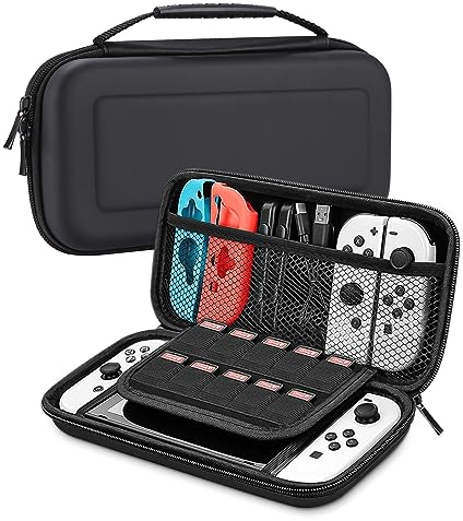 Jissta fodral för Nintendo Switch / Switch OLED tillbehör, Deluxe hård bärväska, väska täcker större förvaringsutrymme för Switch-konsol med 10 spelförvaringsfack och andra tillbehör, skyddande fodral svart.