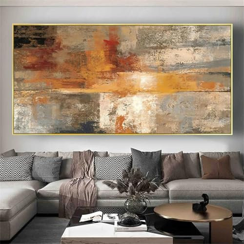 Abstraktes Ölgemälde auf Leinwand in warmen Farben, schlichtes übergroßes Wandkunstbild, beige graue Kunst auf Leinwand für Wohnzimmerdekoration, 80 x 170 cm/31 x 67 Zoll, mit goldenem Rahmen