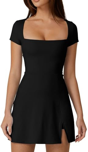 QINSEN Tennis Dress for Women Square Neck Short Sleeve Active Workout Dress Built in Shorts Black M