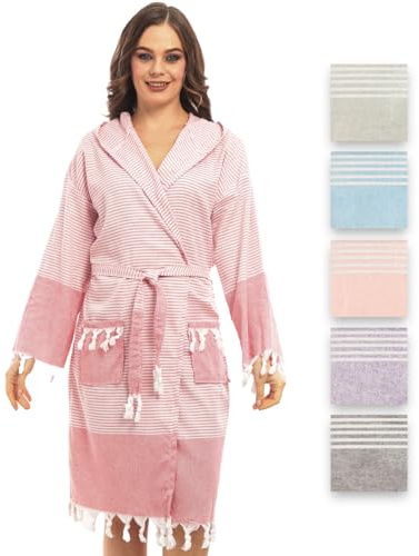 Heré Mood Bademantel aus Hamamtuch, Saunatuch, für Frauen für ultimativen Luxus, mit Gürtel & Kapuze - Langform Damen Leicht und Modisch