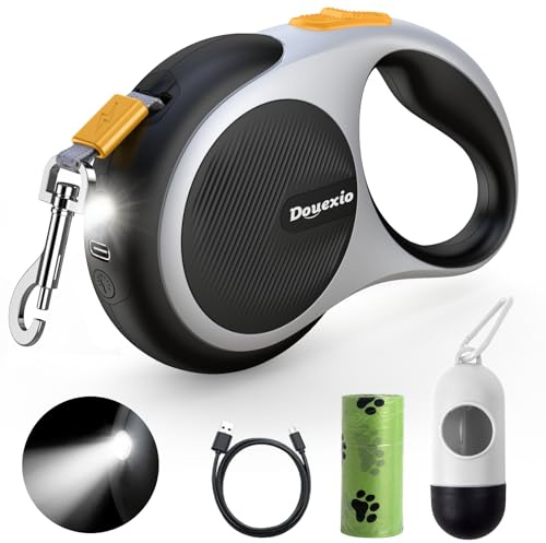 Retractable Dog Leash with LED Flashlight, Douexio Upgrade 3 in 1 Dog Leash Retractable for Small Medium Dogs Up to 66 lbs, 16ft, Anti-Slip Handle (Black-White)