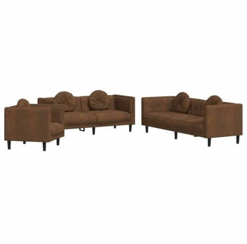 vidaXL Sofagarnitur 3-TLG., Sessel Couch Sofa für Wohnzimmer, Loungesofa Polstersofa mit Kissen, Couchgarnitur Sitzmöbel, Modern, Braun Samt