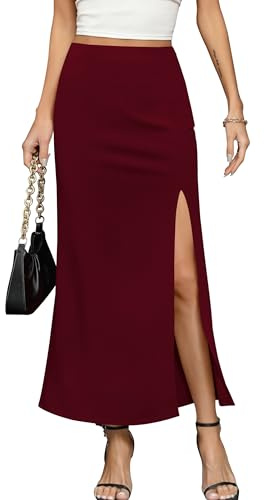 Missufe dam maxikjol lång elegant sommarkjolar hög midja slits kjol, Vinröd, XL