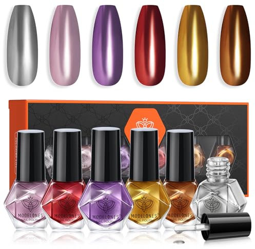 MODELONES Nagellack 6 Pcs, Nagellack Schnelltrocknend Rosa Rot Gold Silber Lila Chrom, Ungiftig Auf Wasserbasis, Langanhaltender für DIY Salon Geschenk für Frauen Mädchen